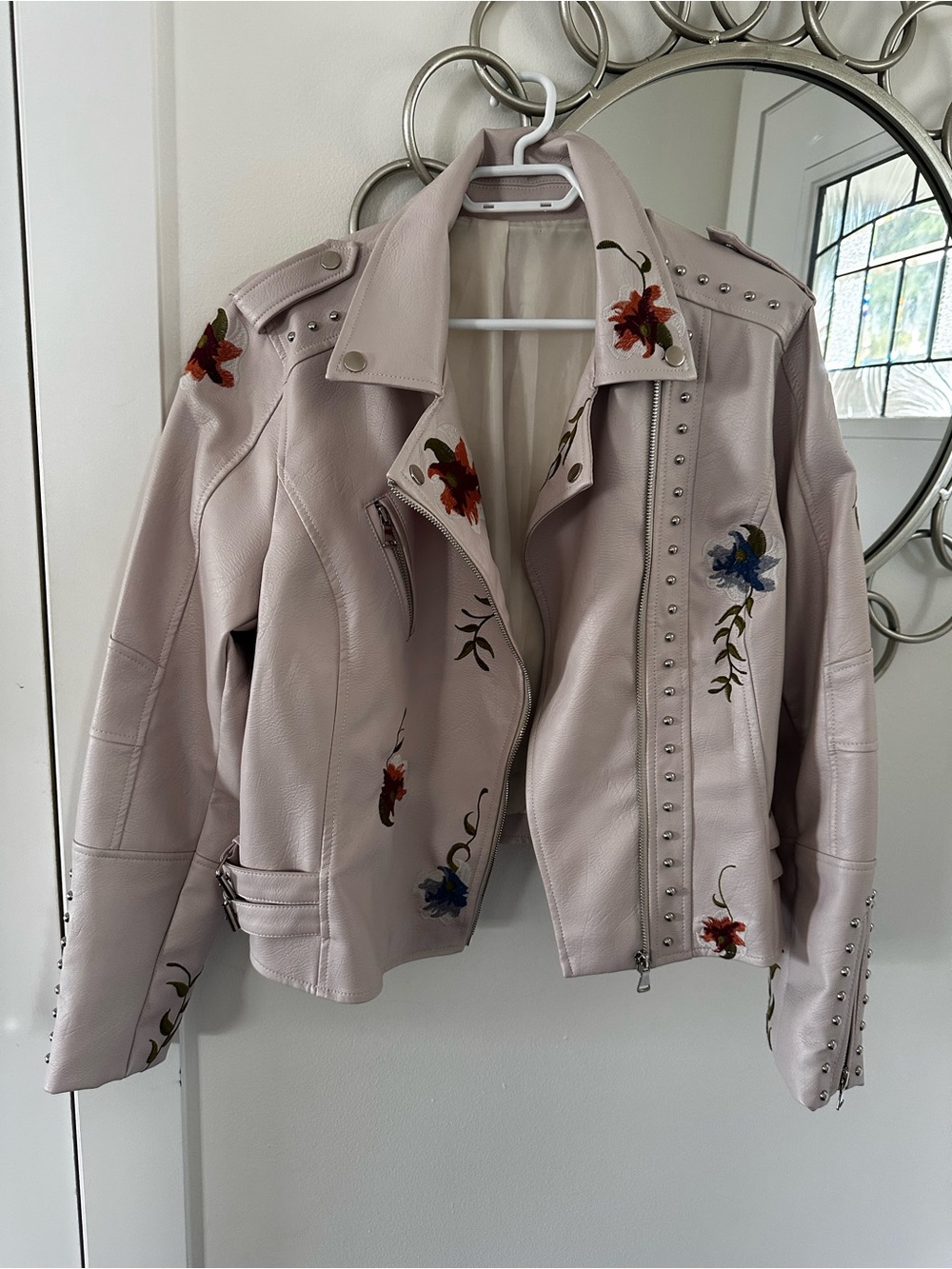 Embroidered Light Pink faux leather Motorcycle Jacket